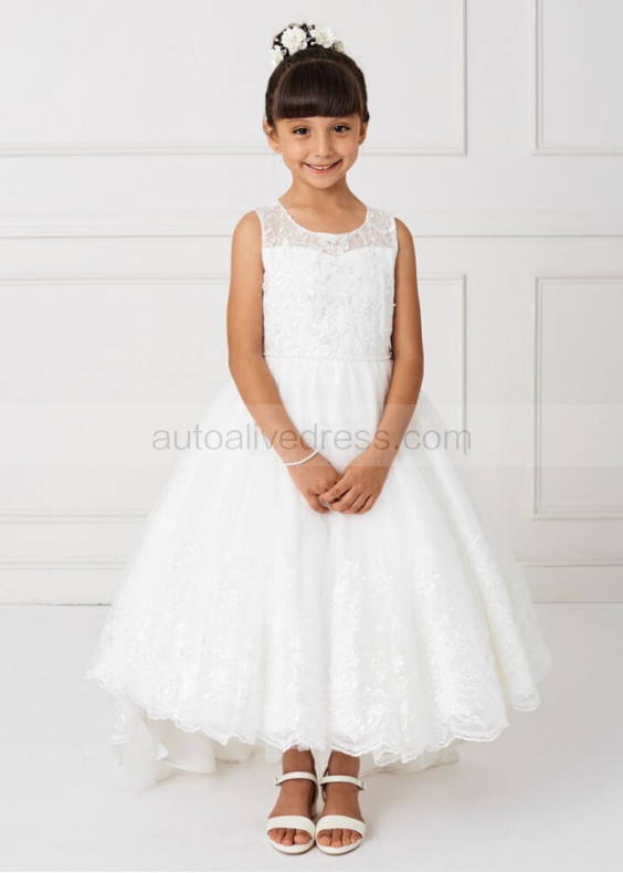 Illusion Neck Beaded Lace Tulle High Low Flower Girl Dress Illusion Neck Beaded Lace Tulle High Low Flower Girl Dress